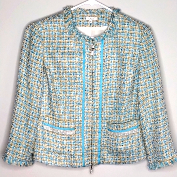 Caché Boucle Tweed Lady Jacket sz 6 rhinestones zip Chanel-style - Picture 1 of 7